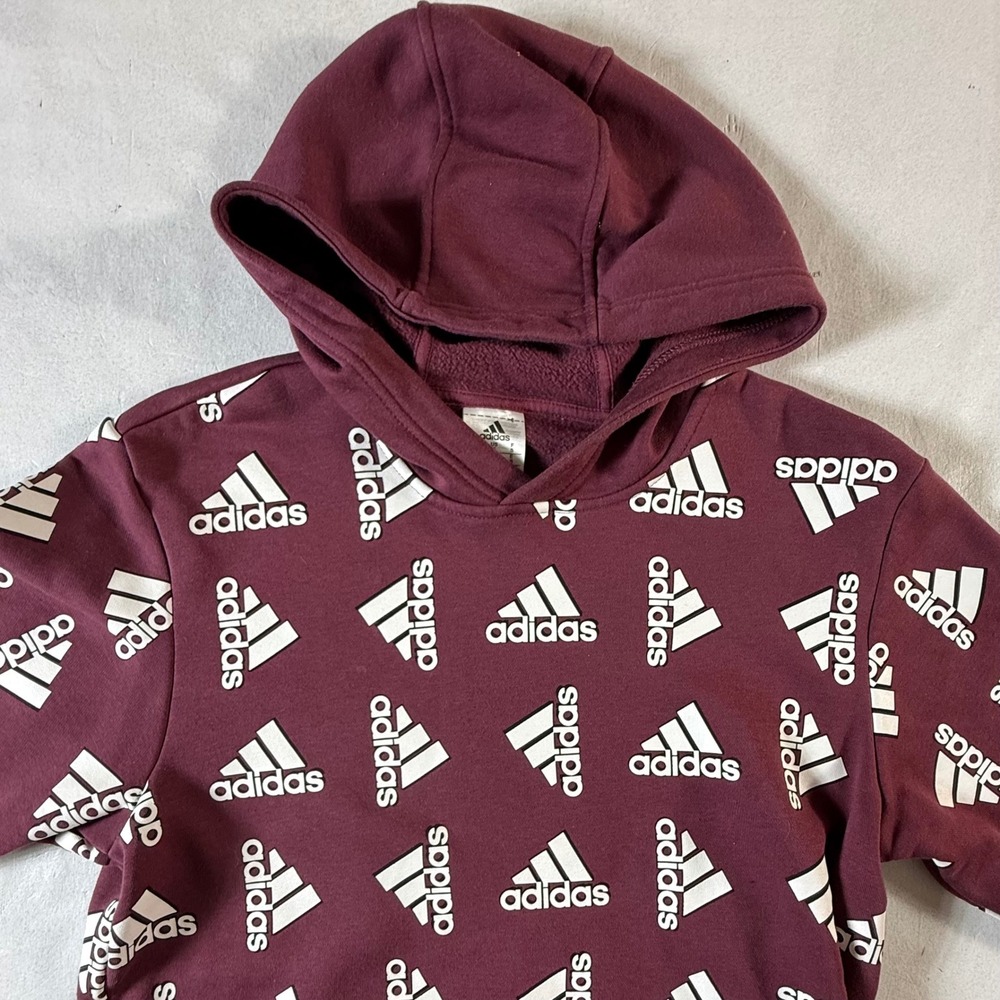 Adidas Hoodie‎ Mens Small All Over Logo Trefoil Burgundy White Stripes AOP